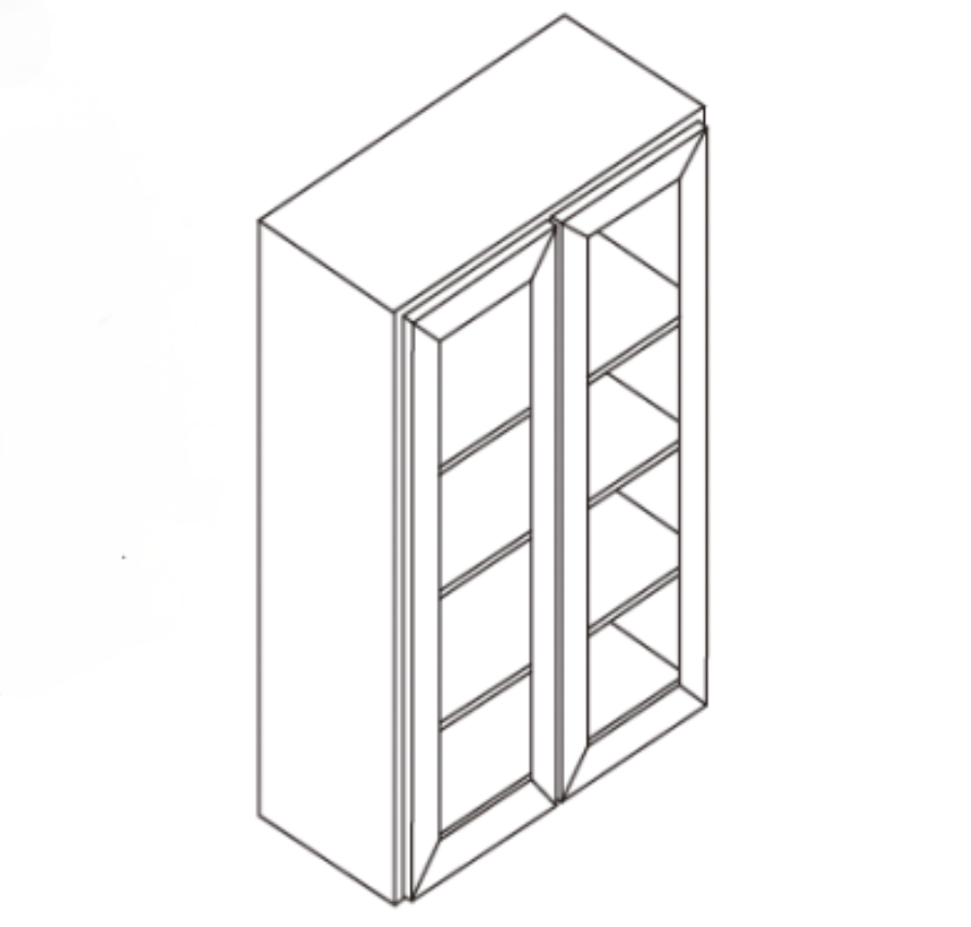 Isometric line drawing of a double-door cabinet with shelves inside.